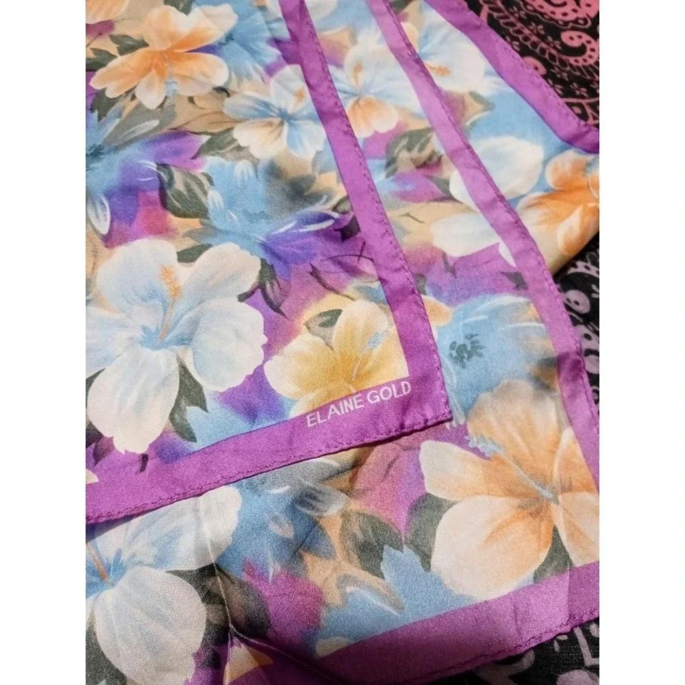 Vintage Elaine‎ Gold Blue & Purple Floral 100% Silk Scarf, 11